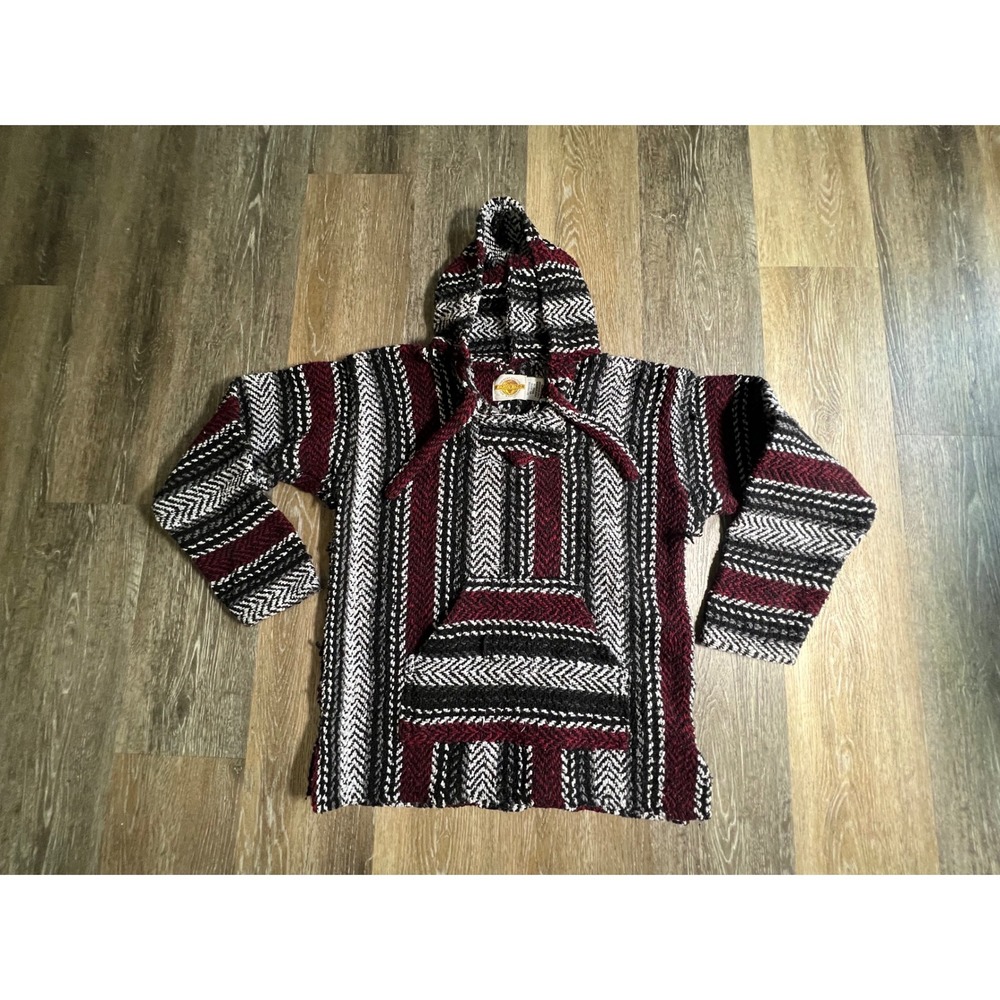 Earth Ragz Baja Hoodie Unisex L Burgundy‎ Black White Woven Jerga Striped